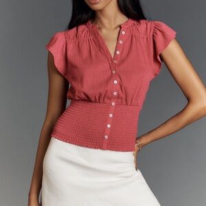 Anthropologie Maeve Women’s -SZ L - Short Sleeve V-Neck Fitted-Waist Top